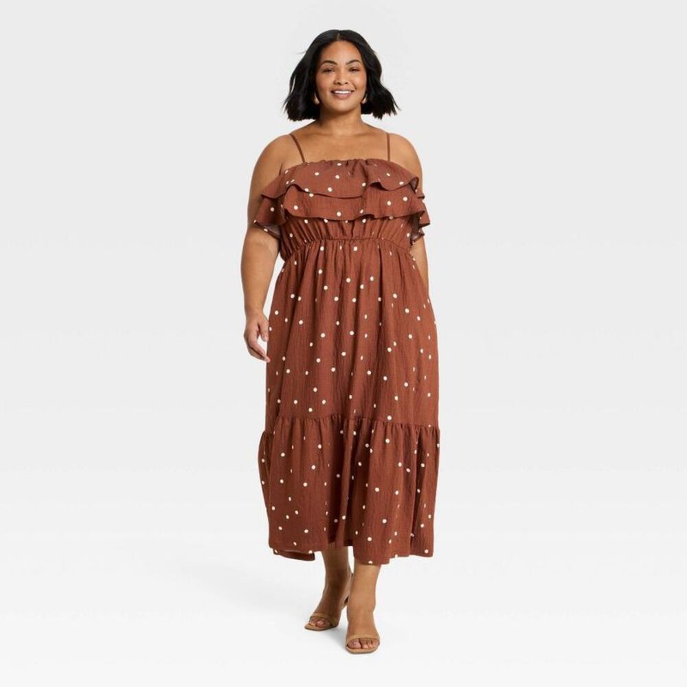 a new day Brown Polka Dot Strapless Ruffle Midi Dress new with tags NWT 2x